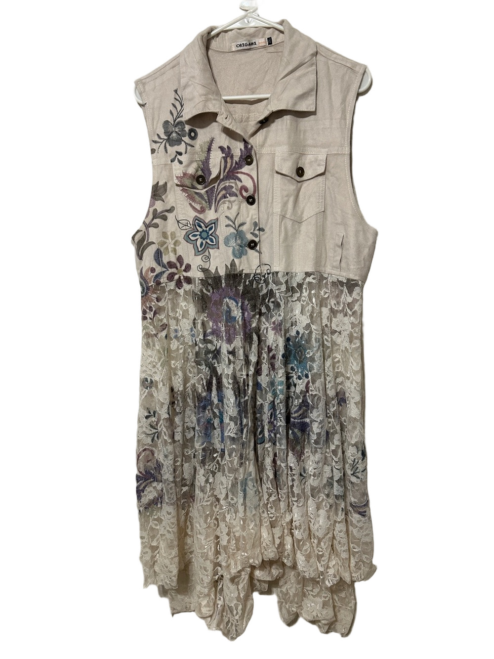 🎀ORIGAMI bohemian cardigan duster floral Lace vest shirt size 2XL GUC
